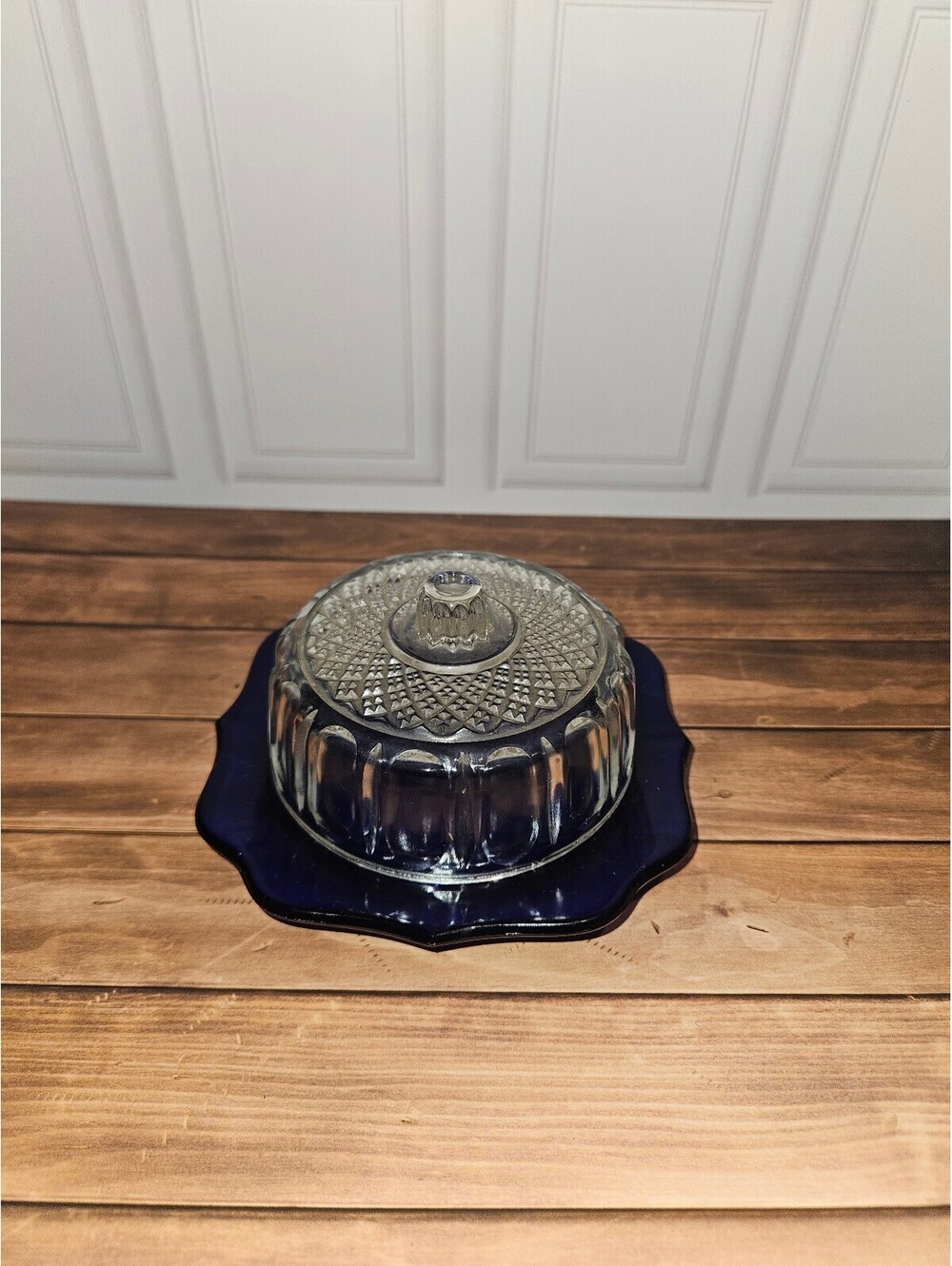 Vintage Glass Butter Dish with Decorative Lid and Blue Base